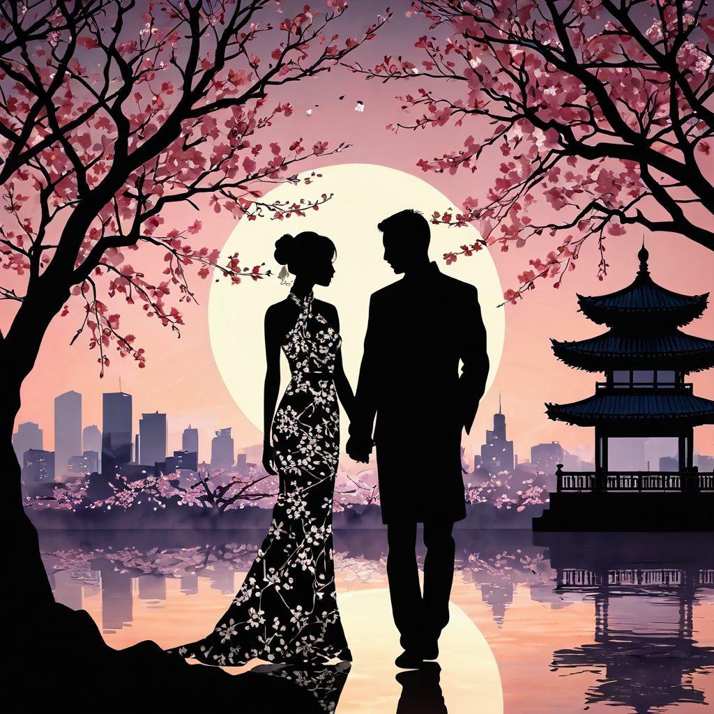 A captivating fusion of contemporary Asian elements and expressions of sensuality, featuring an abstract silhouette of a couple intertwined among delicate cherry blossoms and traditional Asian patterns. The background showcases a serene blend of dusk colors, with hints of modern cityscapes to emphasize the juxtaposition of tradition and contemporary discourse. Include subtle, ethereal lighting to create an inviting atmosphere. super-realistic. vibrant colors.
