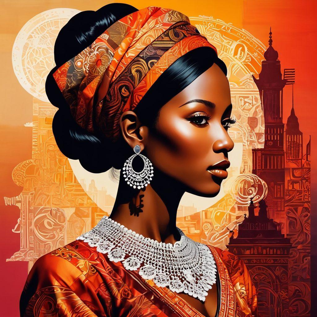 An intricate collage showcasing cultural symbols intertwined with the female silhouette, embodying sensuality and femininity. Include elements like traditional art, modern fashion, and diverse cultural motifs. The background should be a gradient of warm, inviting colors, while the silhouette is highlighted in a contrasting bold hue. Add subtle textures to enhance depth, symbolizing the intersection of history and contemporary culture. painting. vibrant colors.