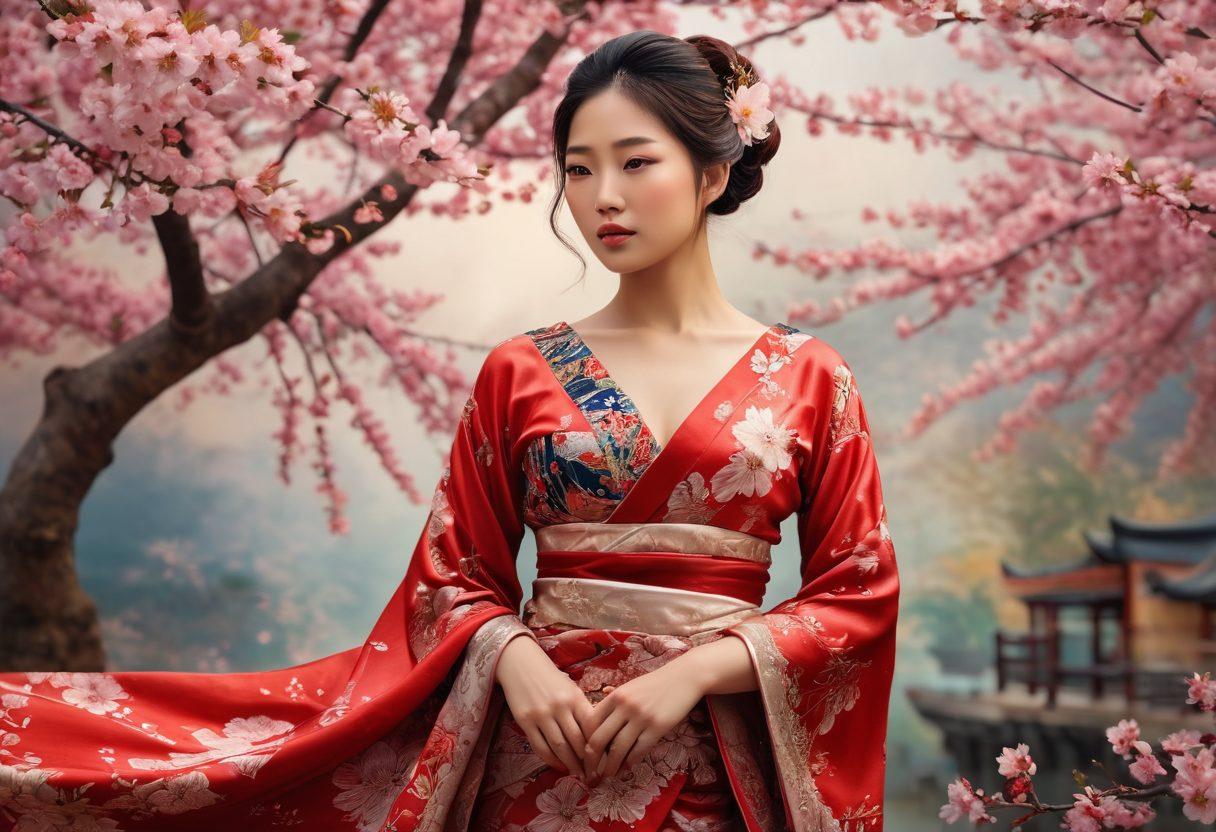 A captivating scene showcasing an elegant Asian woman draped in traditional fabrics, surrounded by delicate cherry blossoms and intricate patterns symbolizing sensuality. Her expression conveys confidence and empowerment, harmonizing with elements of modernity. The backdrop reflects a fusion of cultural motifs and contemporary artistic styles, inviting exploration of sensual themes. vibrant colors. super-realistic. detailed textures.
